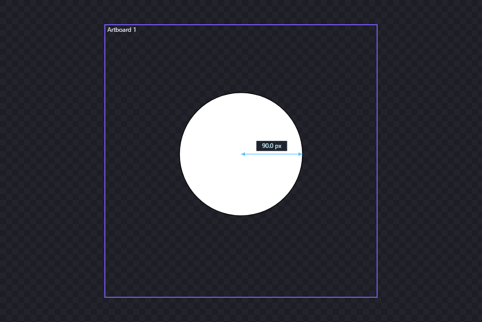 A circle on the editor canvas with a driving radius dimension reading 90.0 px
