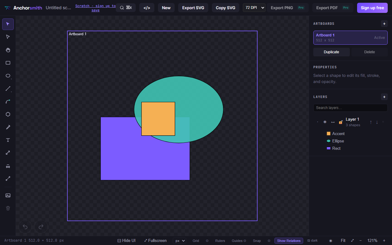 Anchorsmith editor showing the left tool rail, top bar, central vector canvas, and right-side properties and layers panels